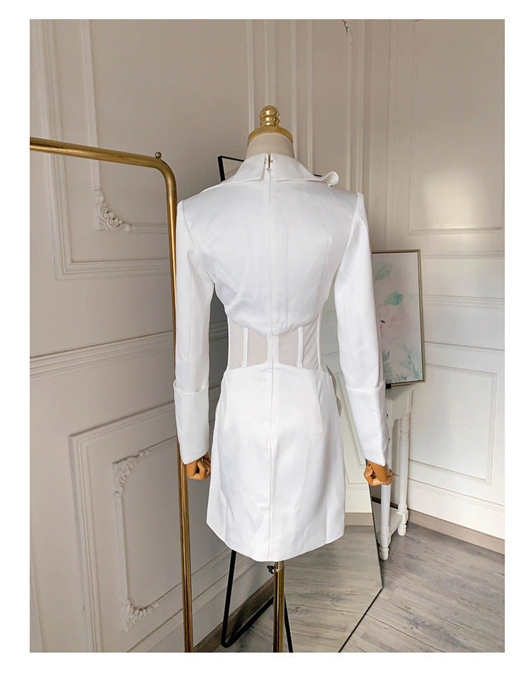 Deep V See-Through Fishbone Hip Blazer Mini Dress in White