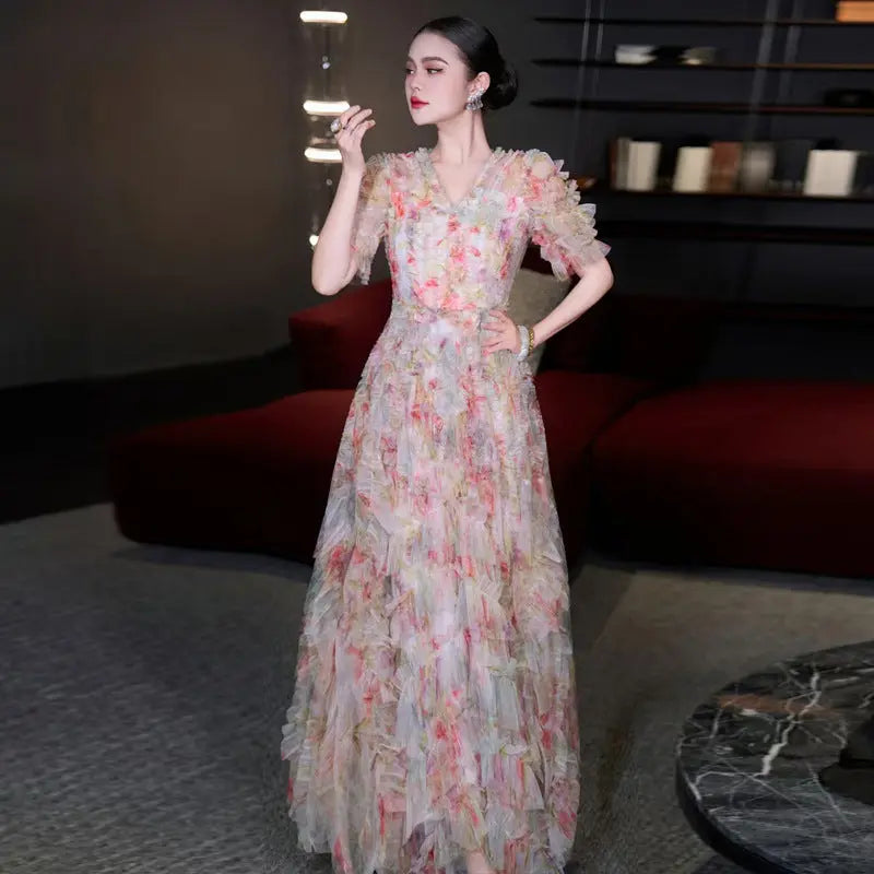 V Neck Ruffle Trim Maxi Dress