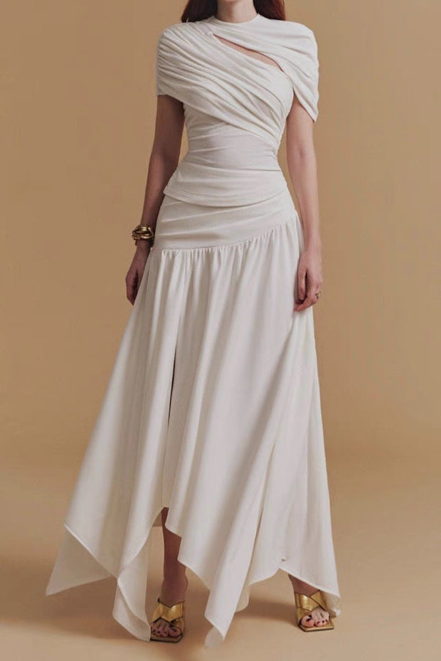 Asymmetrical Ruched Top Midi Skirt Set in White