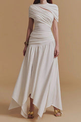Asymmetrical Ruched Top Midi Skirt Set in White