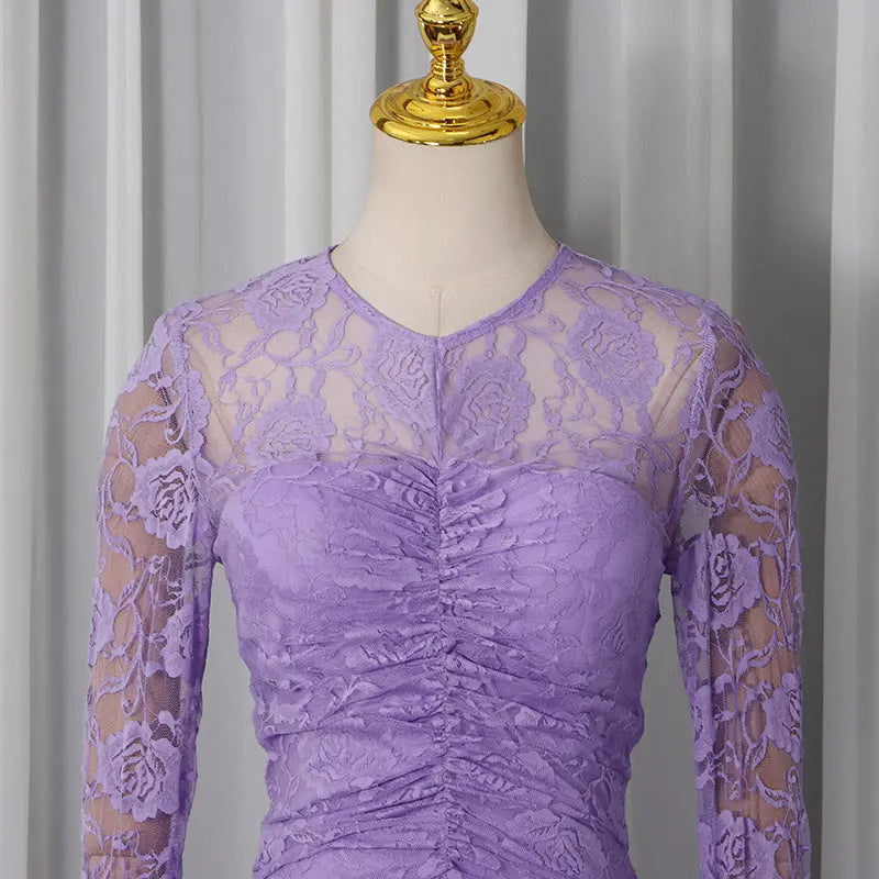 Lace Hollow Ruched Bodycon Long Sleeve Maxi Dress in Purple