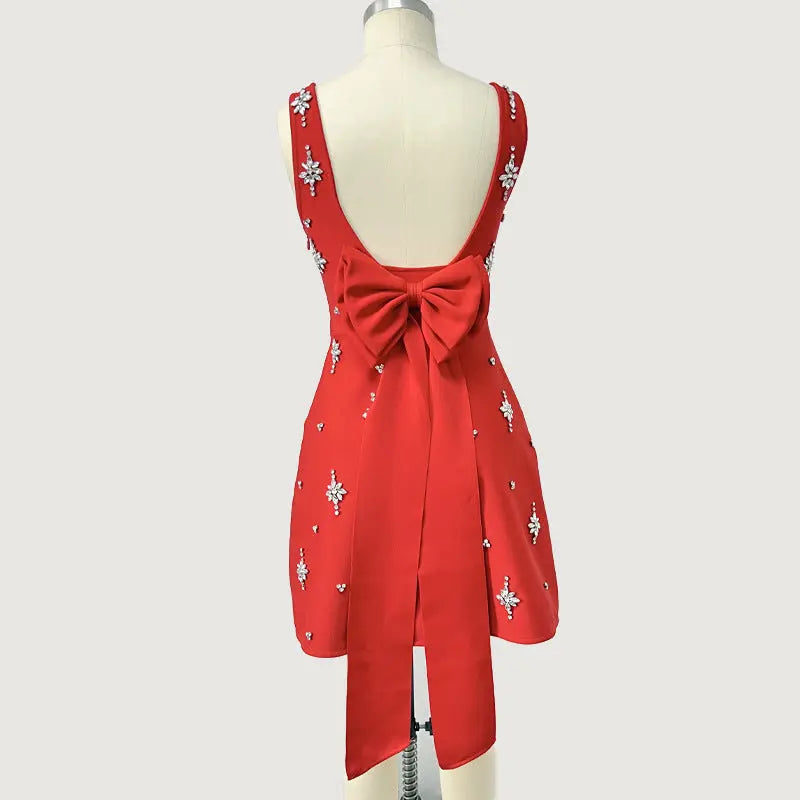 Sleeveless Diamond Bandage Mini Dress in red