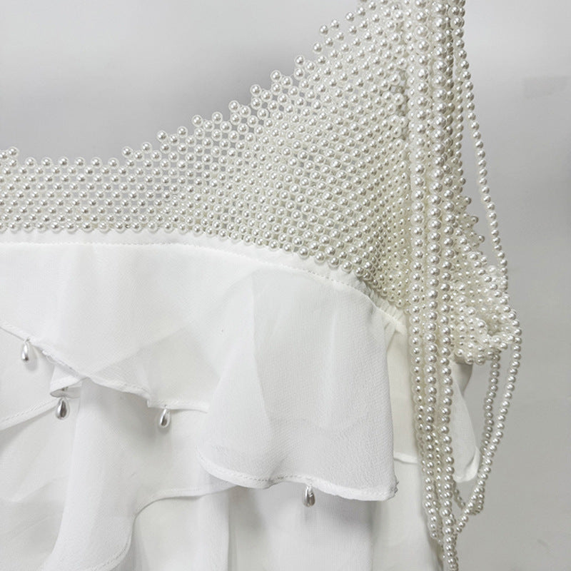White Nail Bead Layered Leaf Maxi Dress