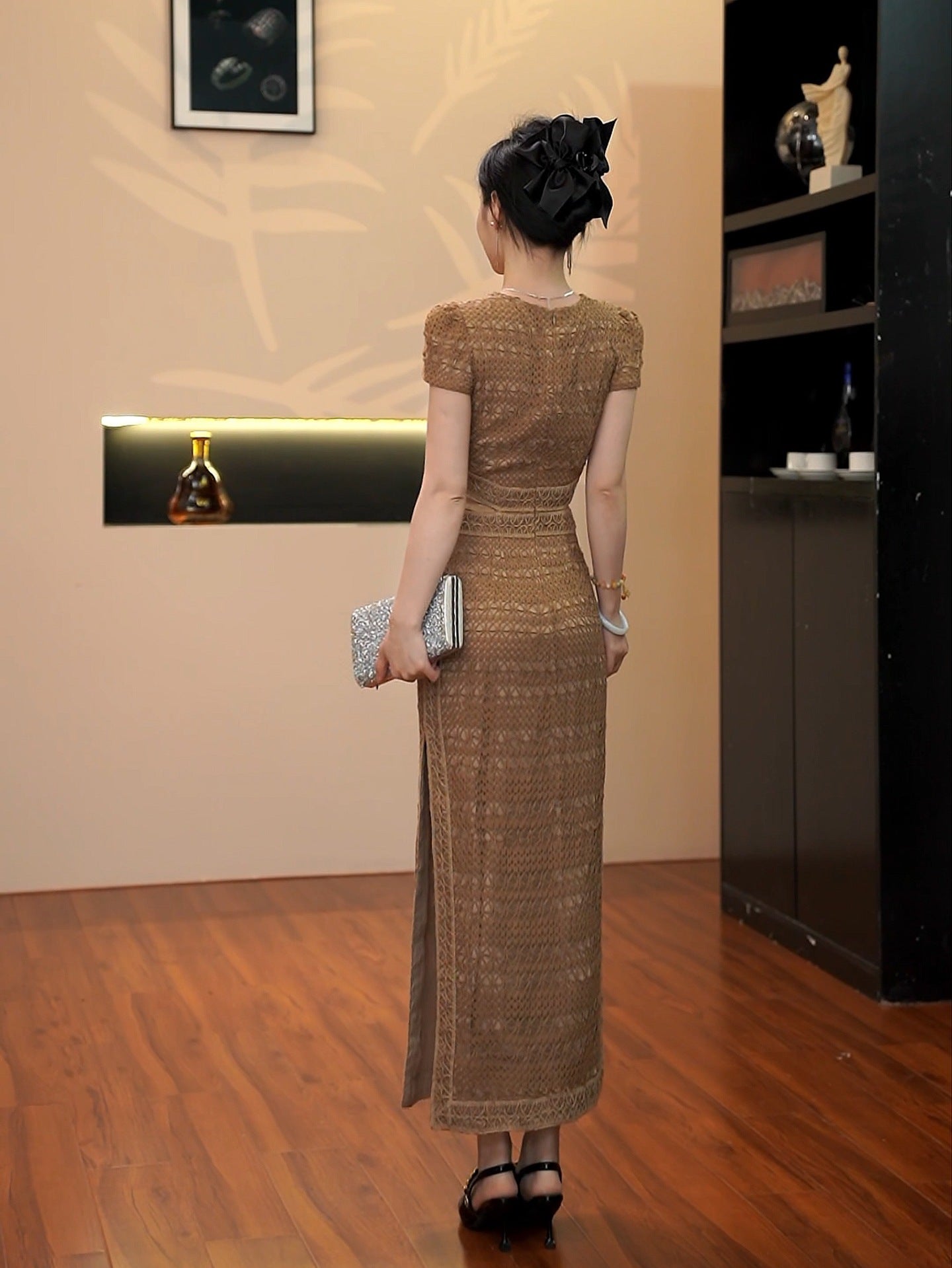 Hollow Maxi Dress in Brown