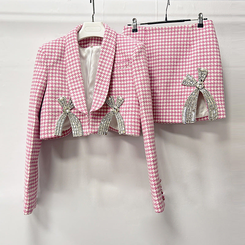 Embellished Checked Wool-Blend Blazer Set in Pink