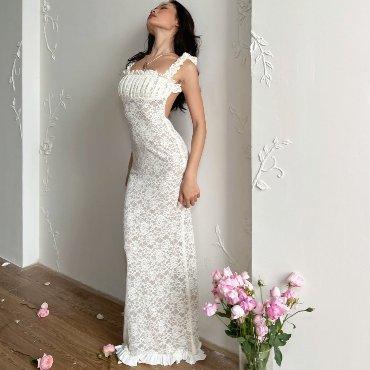 Lace Bodycon Slip Maxi Dress in White