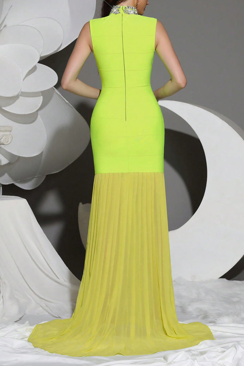 Mesh Stitching Diamond High Collar Bandage Maxi Dress in Green