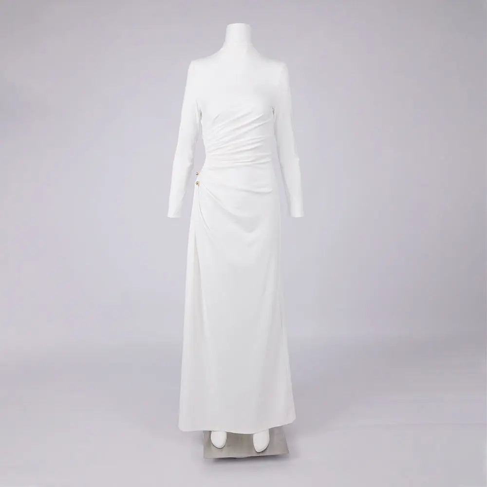Double Ball Long-Sleeve High-Maxi Dress in White