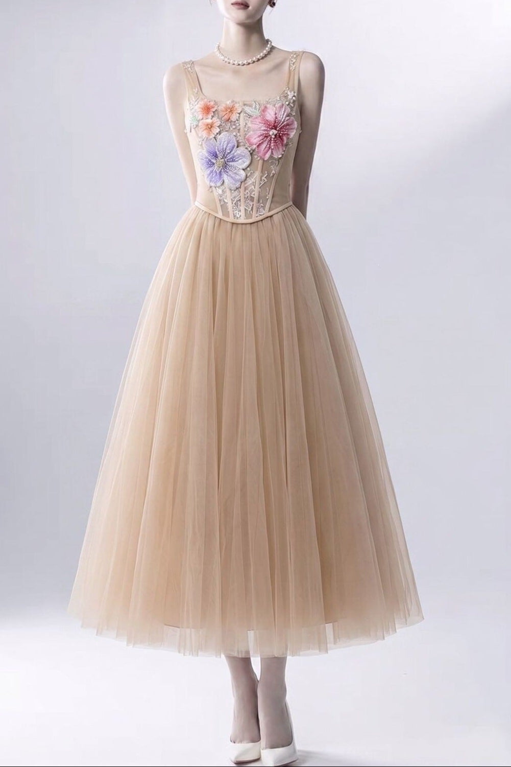 3D Floral Camisole Top & Skirt Set - Champagne