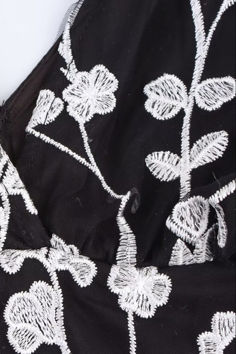 V Neck Floral Embroidered Midi Dress in Black