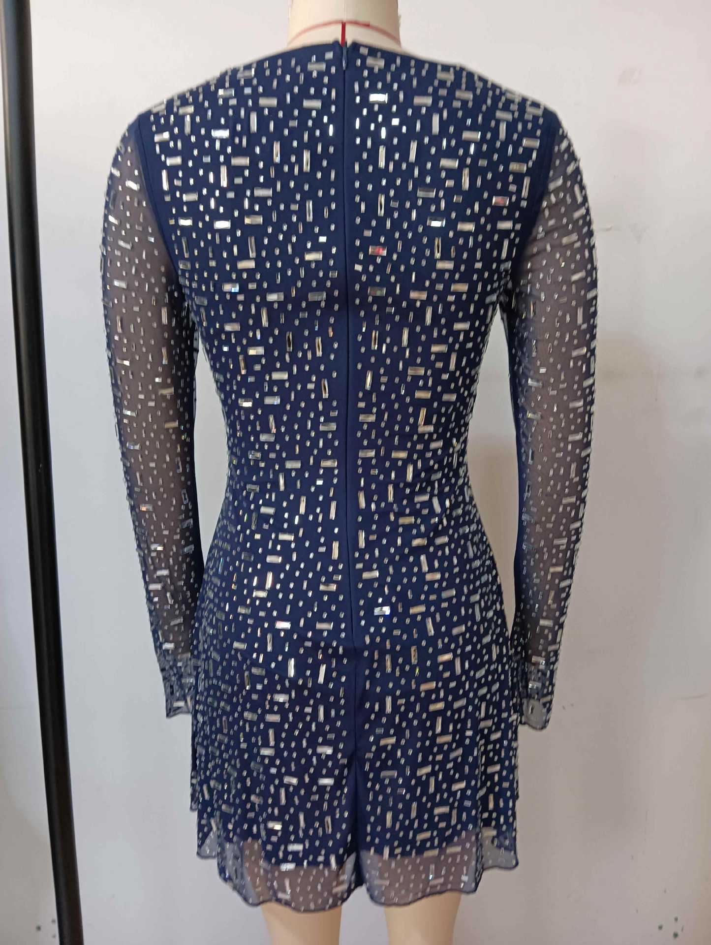 Navy Long Sleeve Rhinestone Mesh Mini Dress