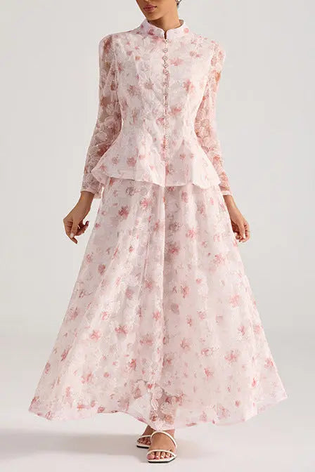 Pink Floral Embroidered Long-Sleeve Top Skirt Set