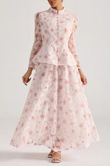 Pink Floral Embroidered Long-Sleeve Top Skirt Set