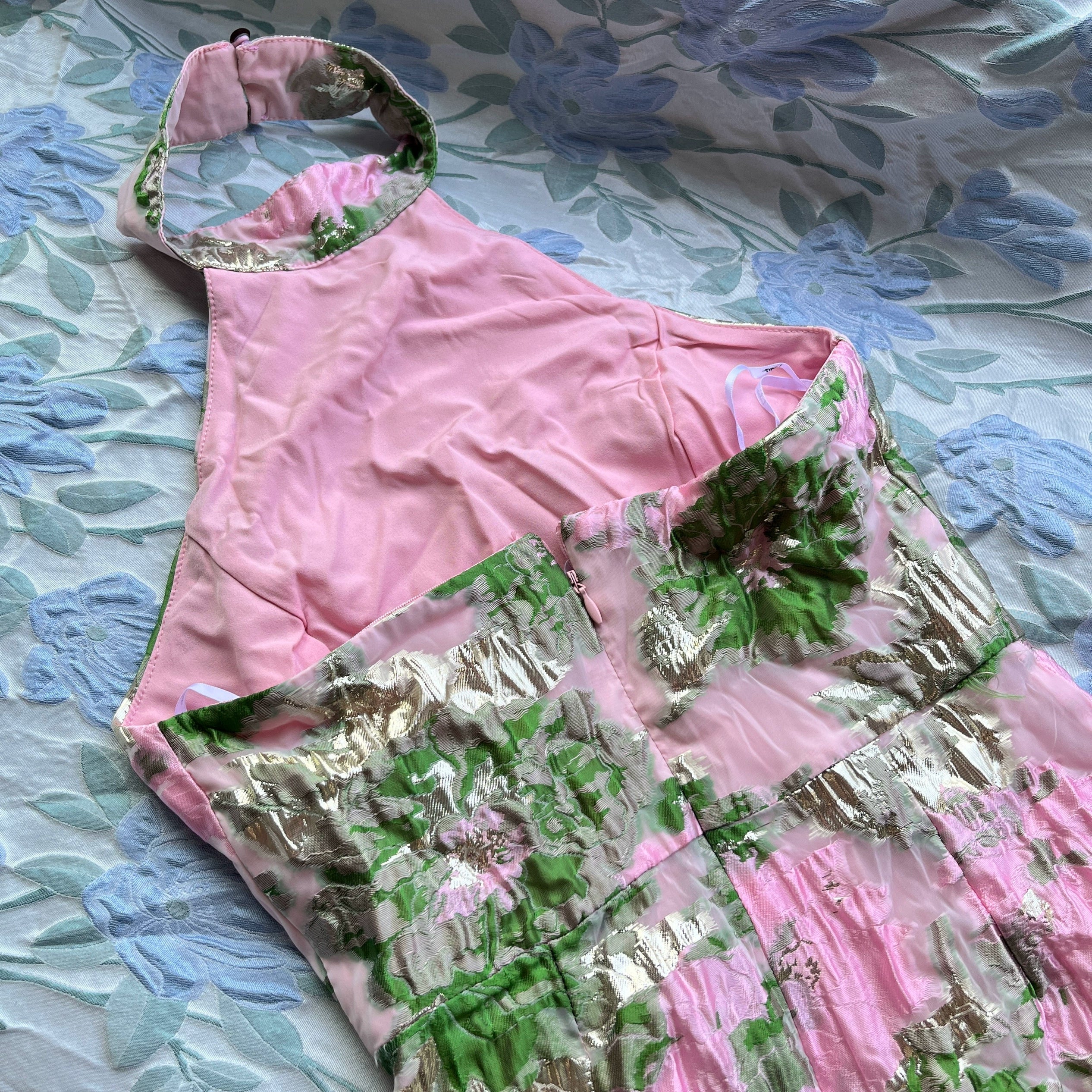Pink Green Floral Open Back Mini Dress