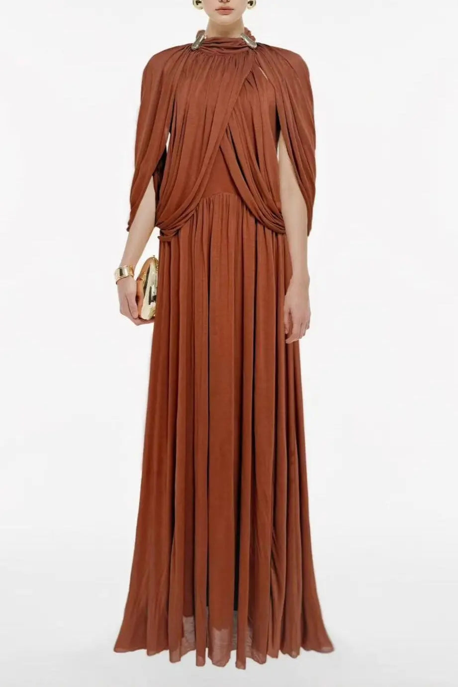 Brown Cape Sleeve Knit Maxi Dress