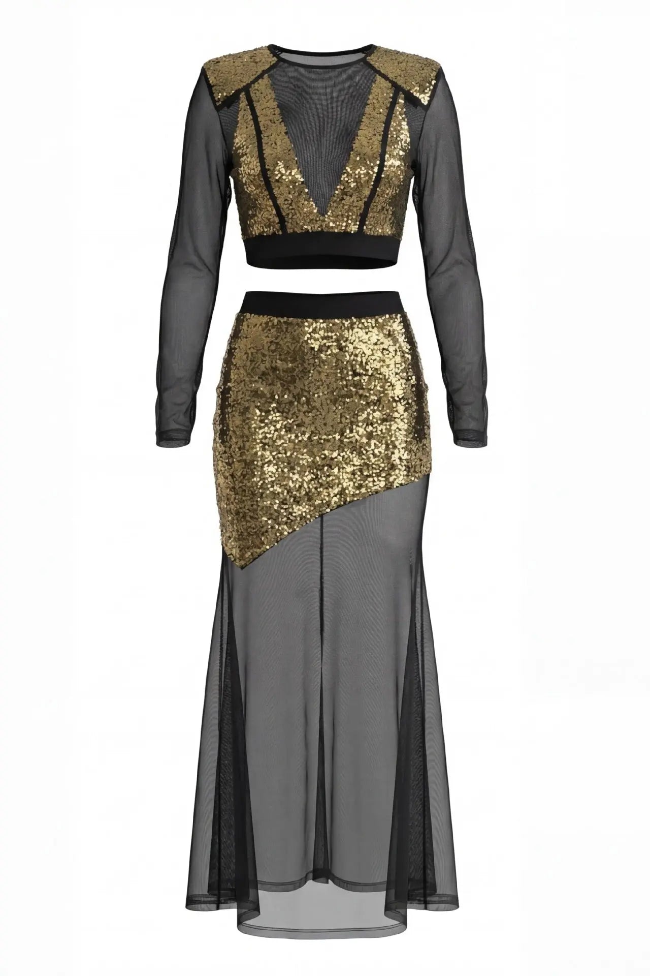 Gold Sequin Mesh Patchwork Sheer Two-Piece Set