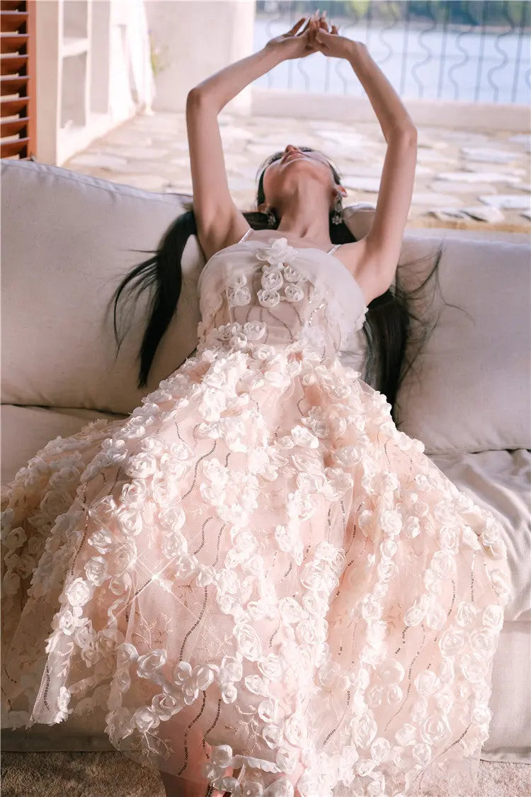 Leah White/Beige Sleeveless Flower Dress
