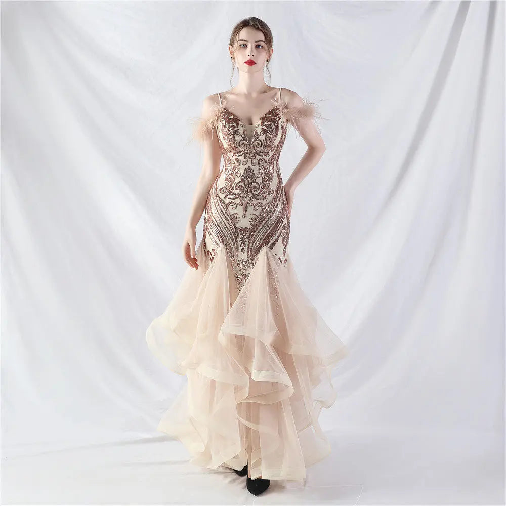 Feather Sequin Maxi Dress