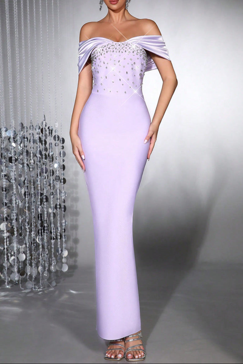 Diamond off-Shoulder Bodycon Maxi Bandage Dress in Purple