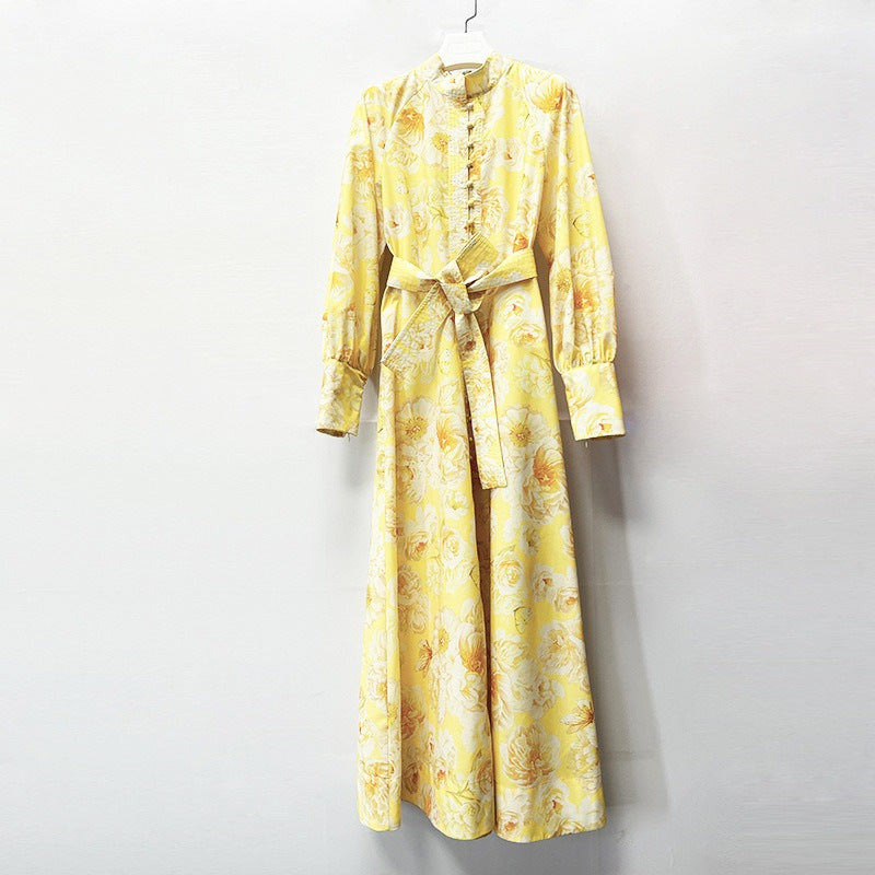 Long Sleeve Floral Printed Maxi Dress in Yellow