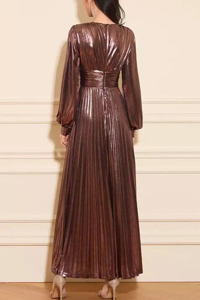 Brown V-Neck Long Sleeve Maxi Dress