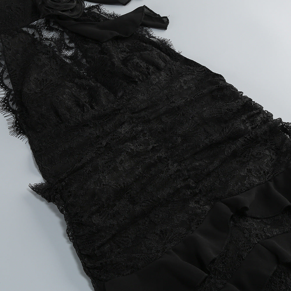 Cotton Lace Hollow Maxi Dress in Black