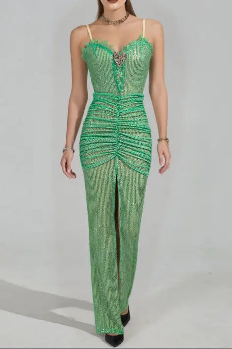 High Sequin Maxi Dress in Green
