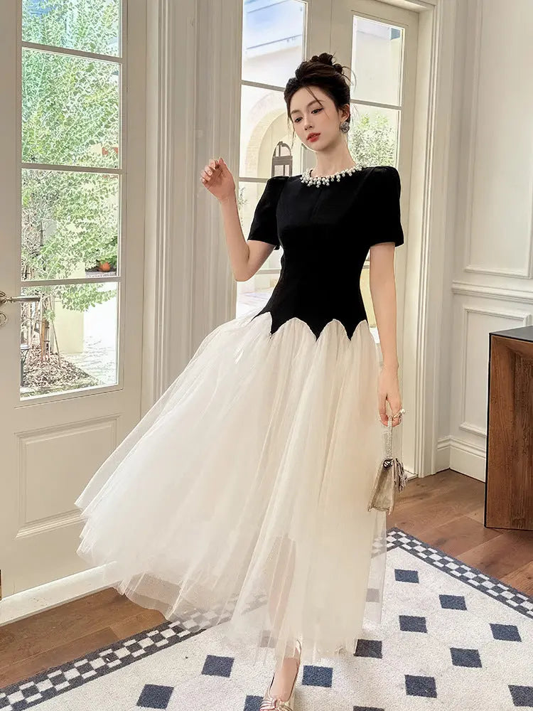 Black-White Rhinestone Neck Maxi Dress