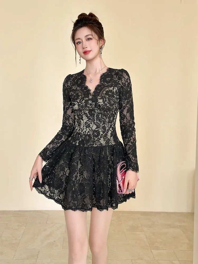 Black Lace Hollow Long Sleeve A-Line Mini Dress