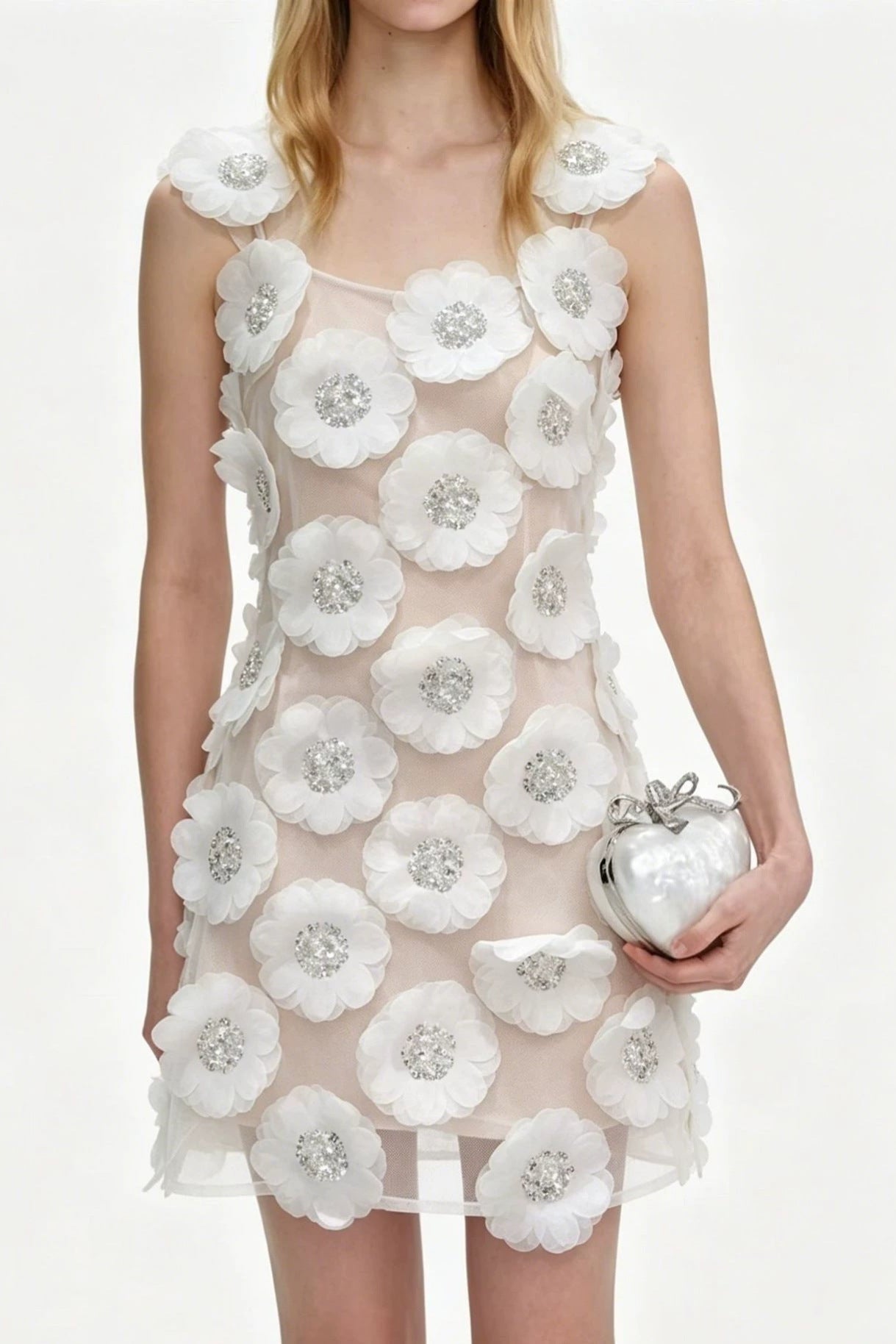 Rhinestone 3D Flowers Mini Dress - White