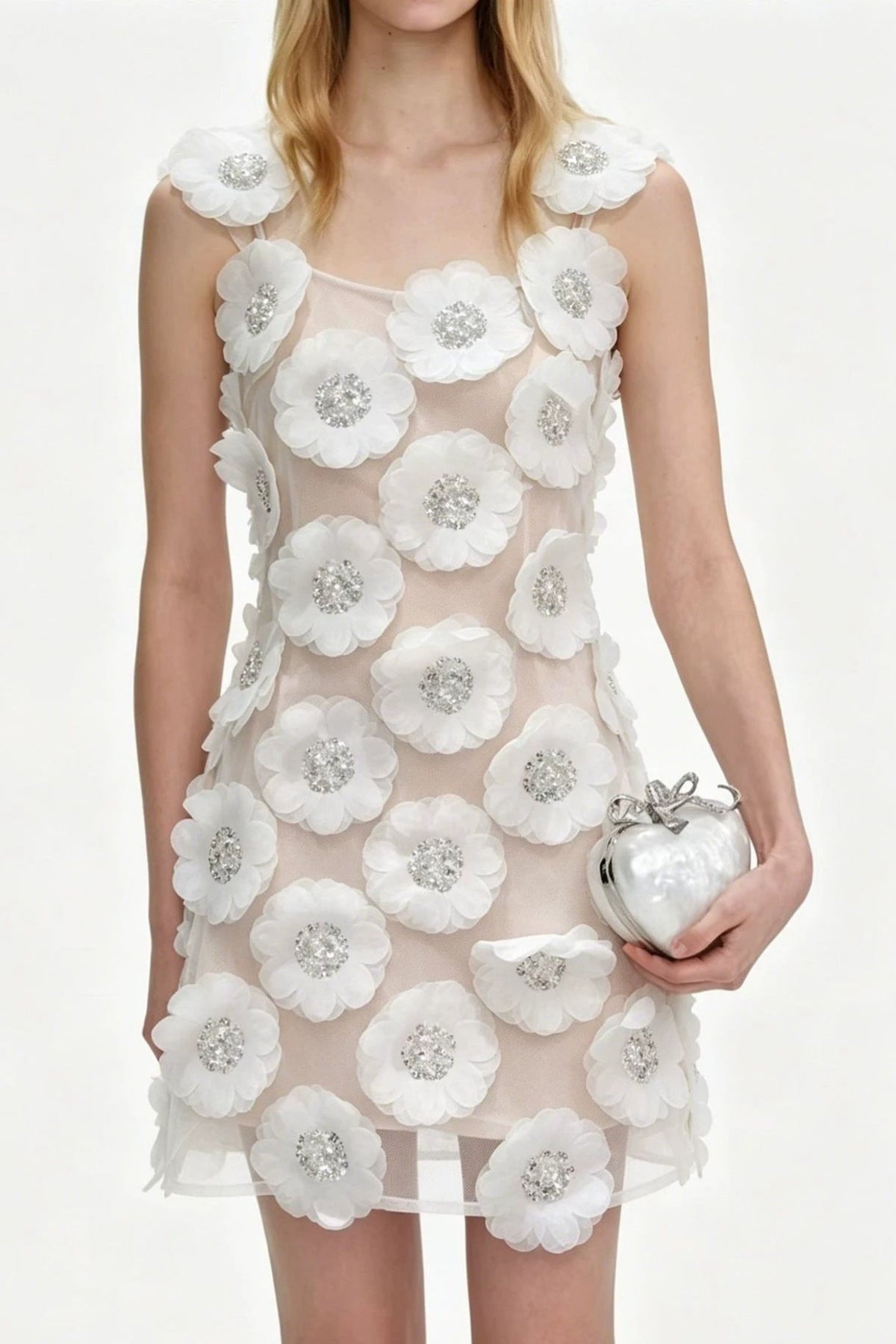 Rhinestone 3D Flowers Mini Dress - White