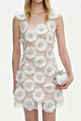 Rhinestone 3D Flowers Mini Dress - White