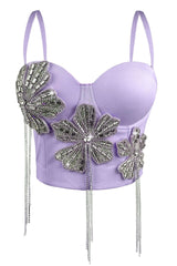 Strap 3D Rhinestone Flower Fringe Corset Bustier Top