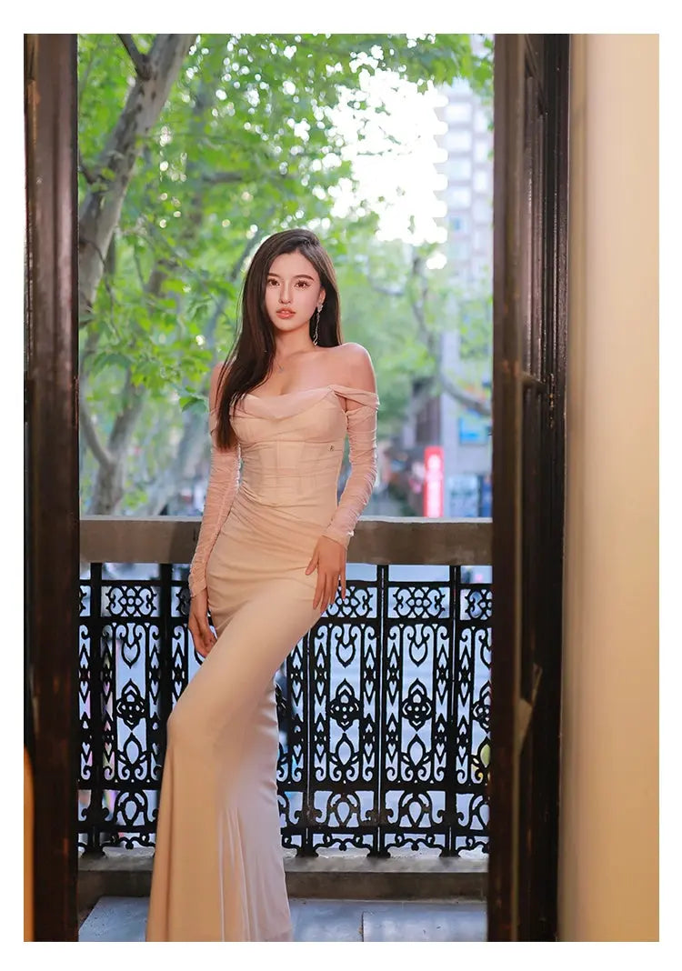 Mesh Off-Shoulder Maxi Dress