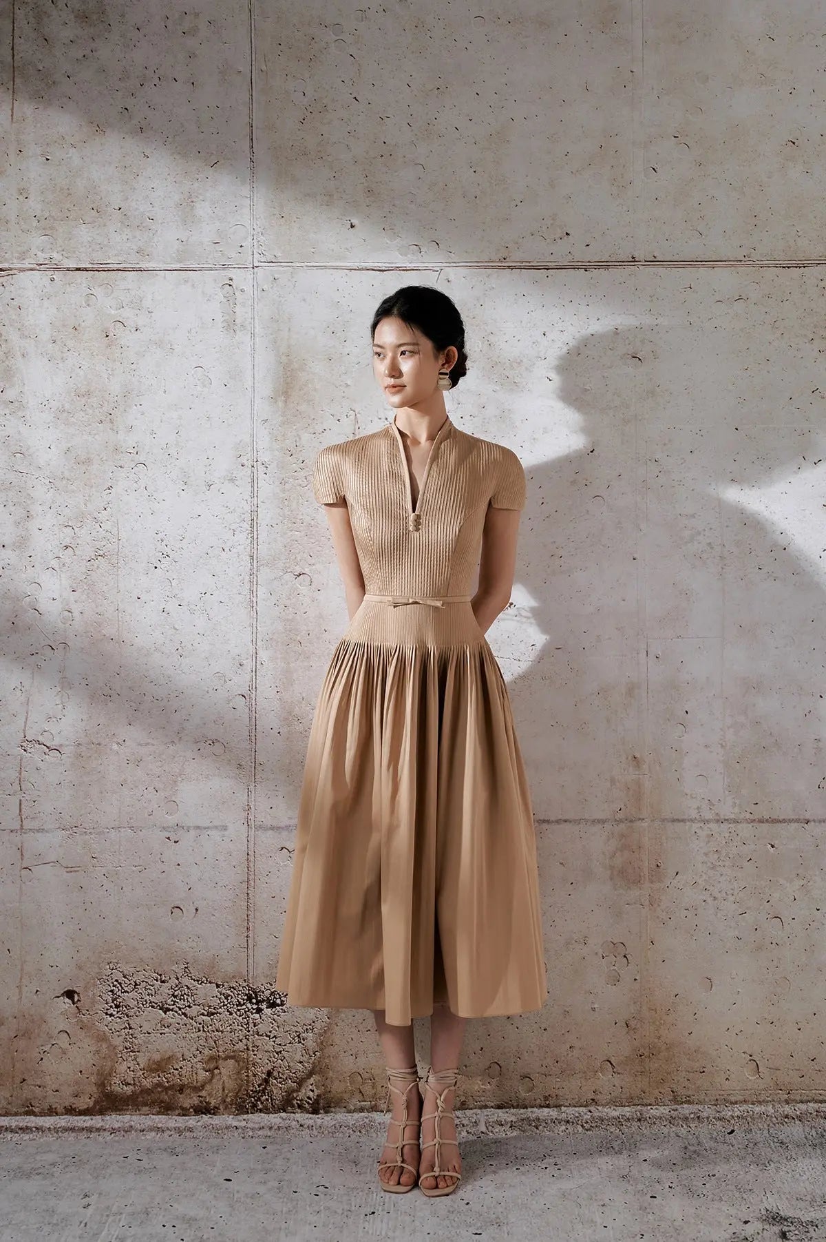 V-Neck Midi Dress in Khaki