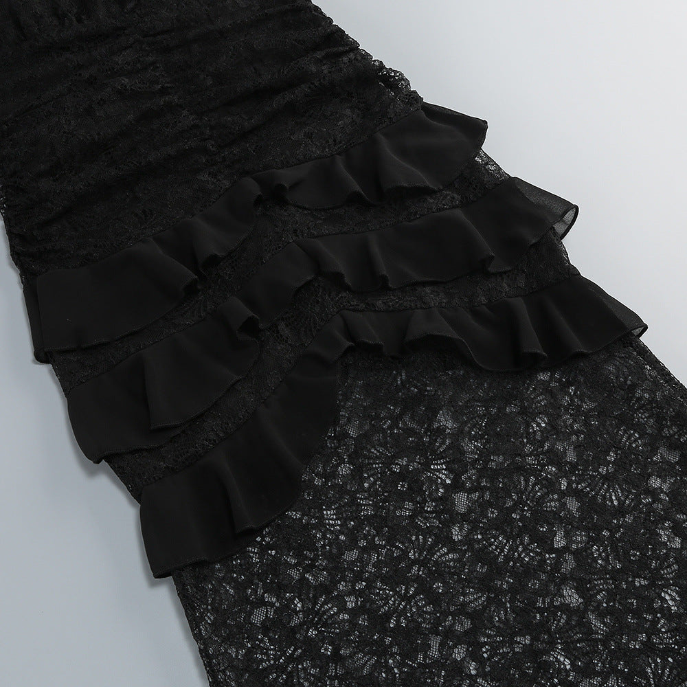 Cotton Lace Hollow Maxi Dress in Black