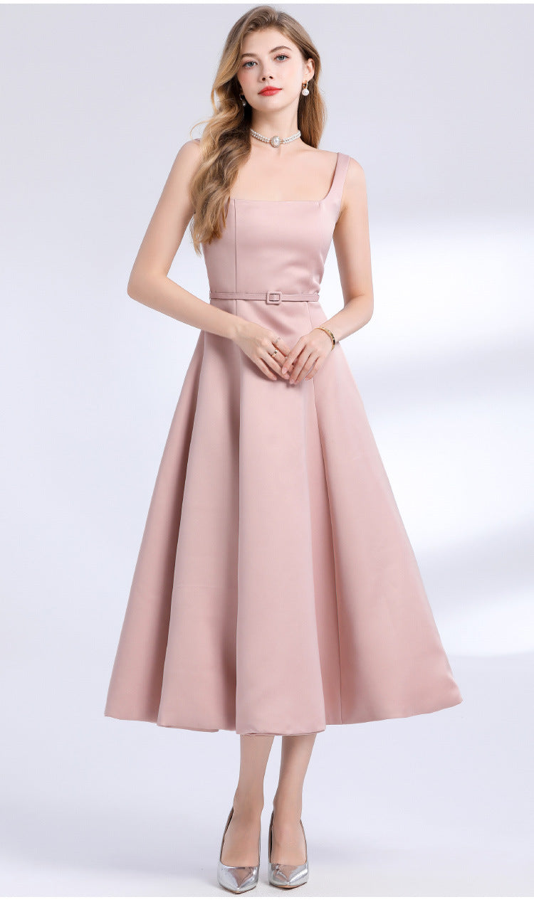 Square Neck Satin Slip Midi Dress - Pink