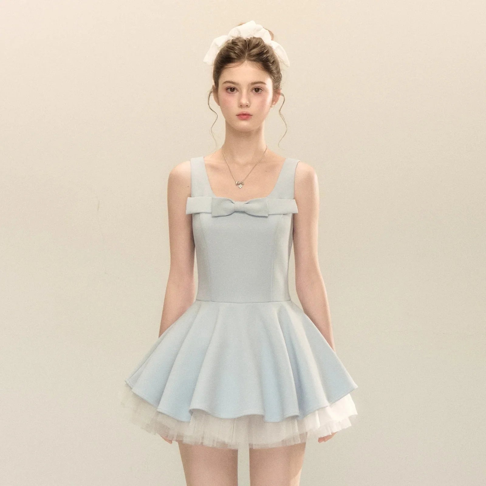 Spliced Mesh Puffy Mini Dress