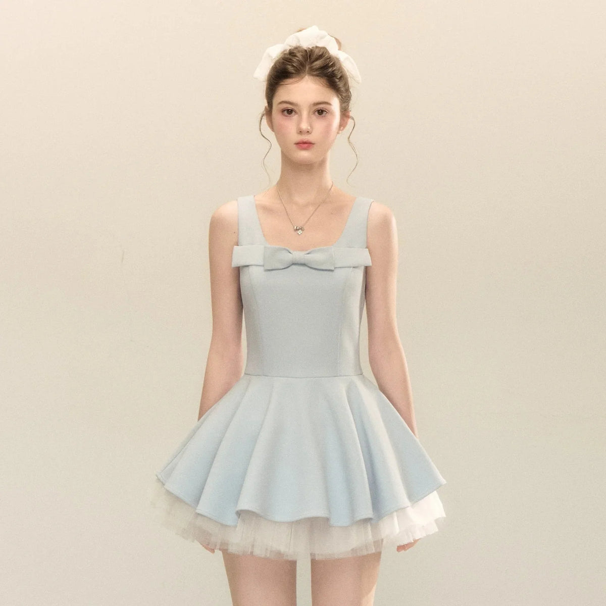Spliced Mesh Puffy Mini Dress