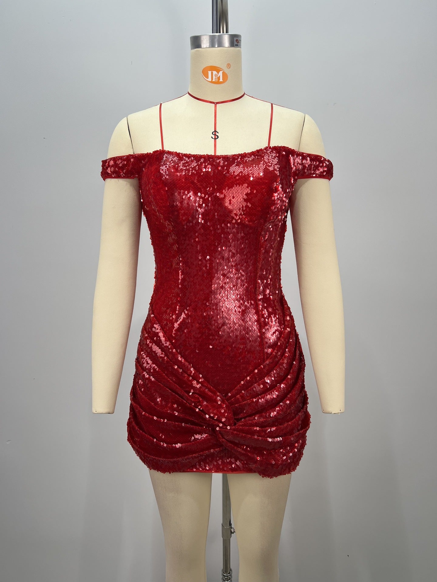 Sequin Ruched Bodycon Mini Dress in Red
