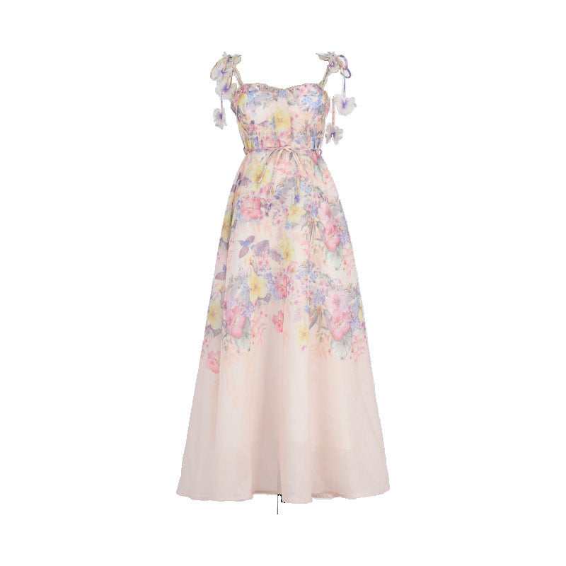 Floral Print Strap Midi Dress with 3D Flower Appliques