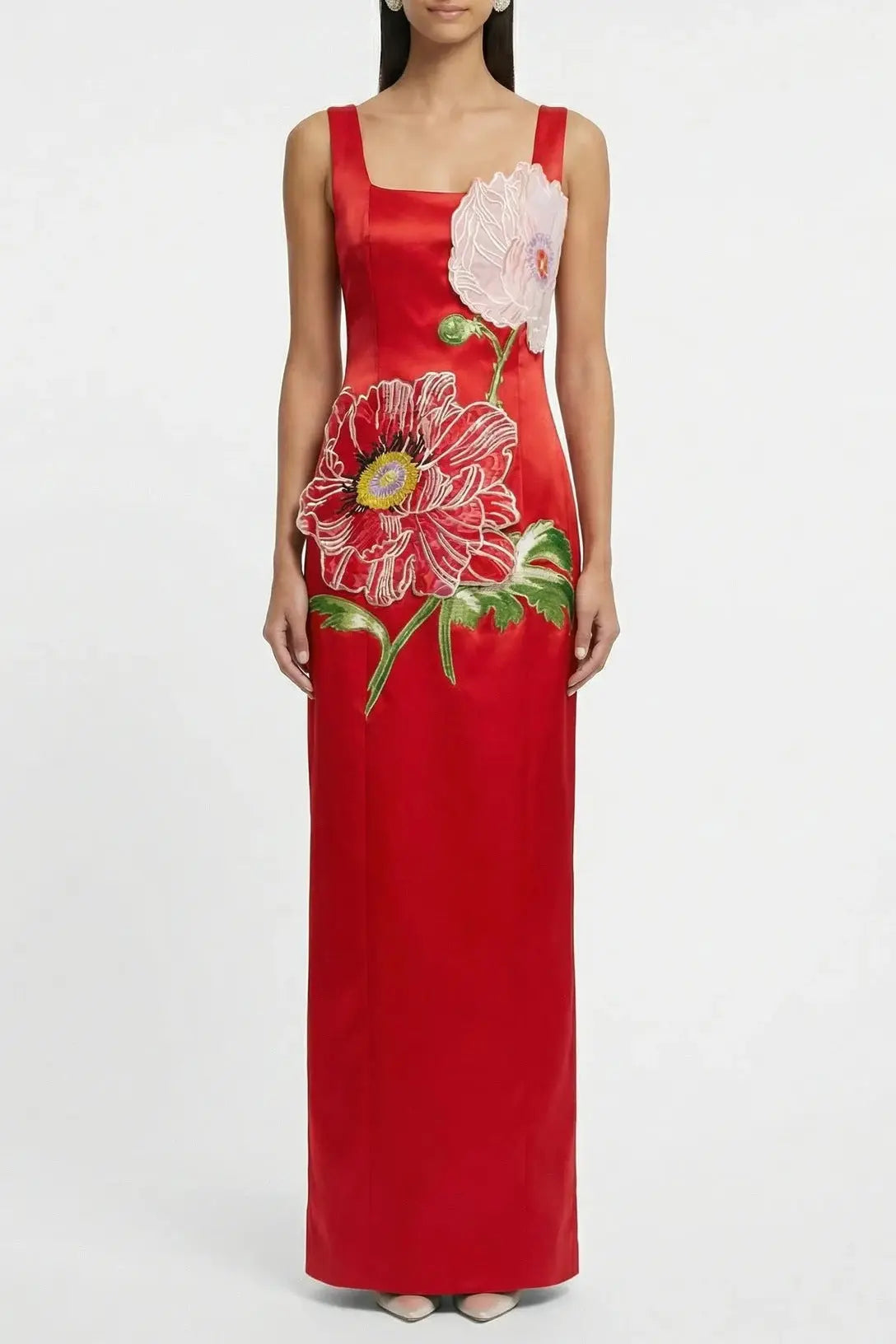 Square Neck Flower Embroidery Satin Maxi Dress in Red