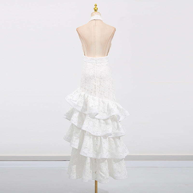 White Deep V-Neck Ruffle Trim Maxi Dress