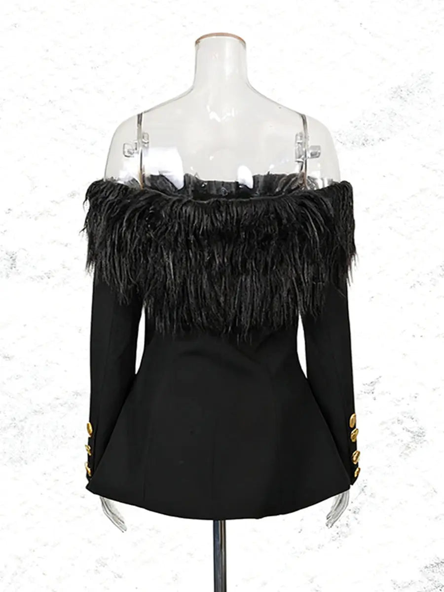 Black Off-shoulder Feather Metal Buckle Decoration Blazer Mini Dress