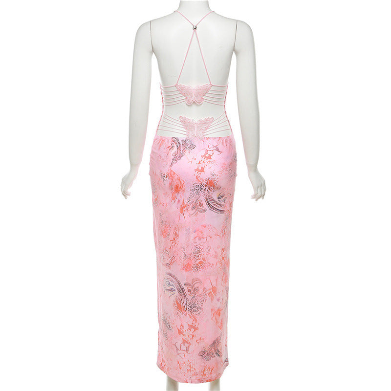 Printed Strappy Backless Plunge Sheath Slip Maxi Dress
