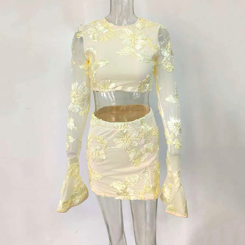 Embroidered Floral Backless T-shirt and Skirt Set
