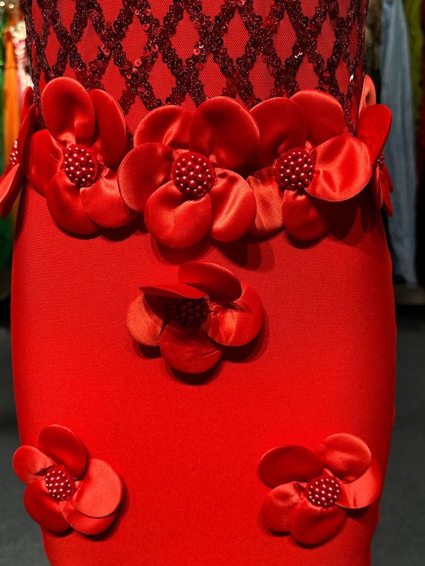 3D Flower Sequin Halter Bandage Maxi Dress in Red