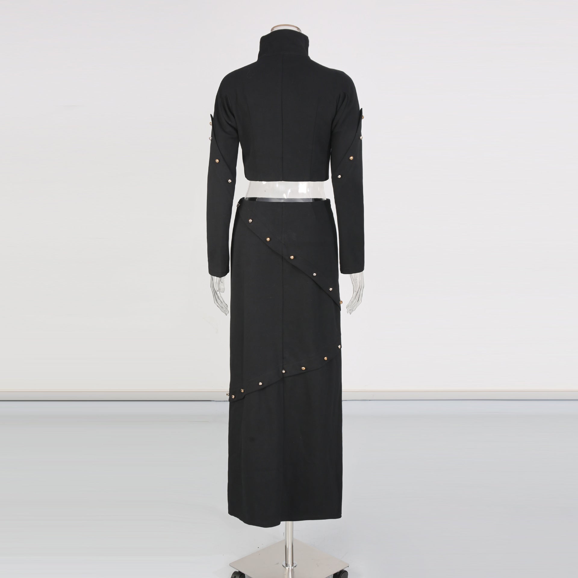 Button-Embellished Cotton-Jersey Top Maxi Skirt Suit in Black