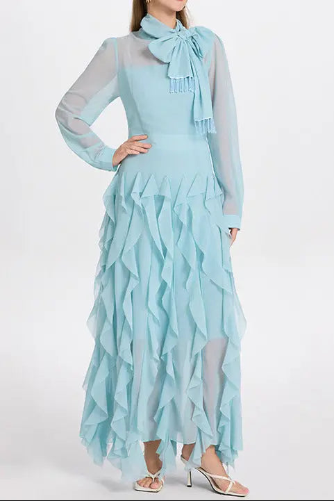 Blue Neck Ruffle Maxi Dress