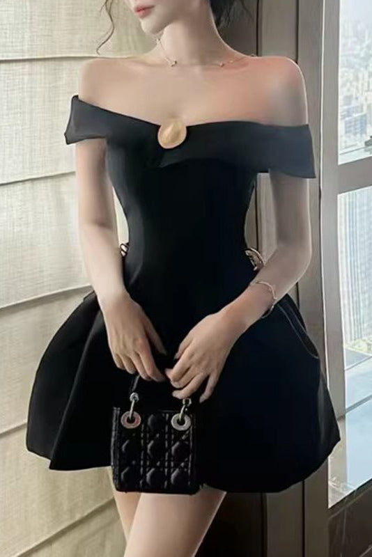 Metal Detail A-Line Off-Shoulder Mini Dress in Black